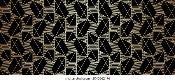 Resumen del patrón geométrico con el cruce de líneas doradas y polígonos sobre fondo negro. Diseño lineal sin inconvenientes de estilo Art Decó. Textura vectorial estilizada para tela textil y envoltura.