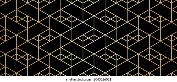 Abstract geometric pattern with crossing golden lines and polygons on black background. Seamless linear design in Art Deco style. Stylish vector texture for textile fabric and wrapping.