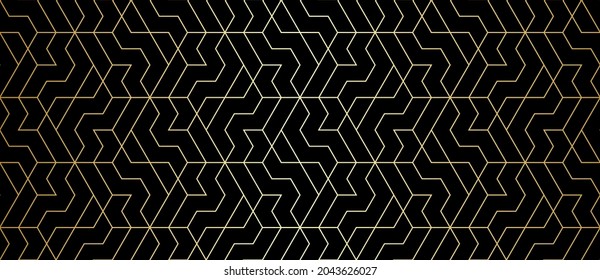 Abstract geometric pattern with crossing golden lines and polygons on black background. Seamless linear design in Art Deco style. Stylish vector texture for textile fabric and wrapping.