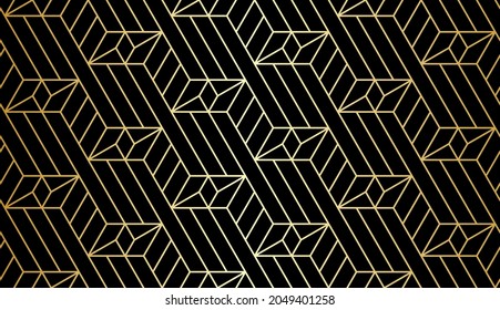 Resumen del patrón geométrico con el cruce de líneas doradas y polígonos sobre fondo negro. Diseño lineal sin inconvenientes de estilo Art Decó. Textura vectorial estilizada para tela textil y envoltura.