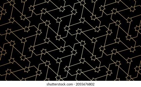 Abstraktes geometrisches Muster mit Überquerung von goldenen Linien und Sternen auf schwarzem Hintergrund. Nahtloses lineares Design im arabischen Stil. Stilvolle Vektorstruktur für Textilien und Tapeten.