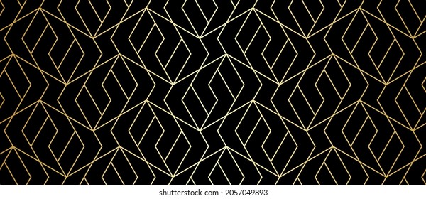 Resumen del patrón geométrico con el cruce de líneas doradas y polígonos sobre fondo negro. Diseño lineal sin inconvenientes de estilo Art Decó. Textura vectorial estilizada para tela textil y envoltura.