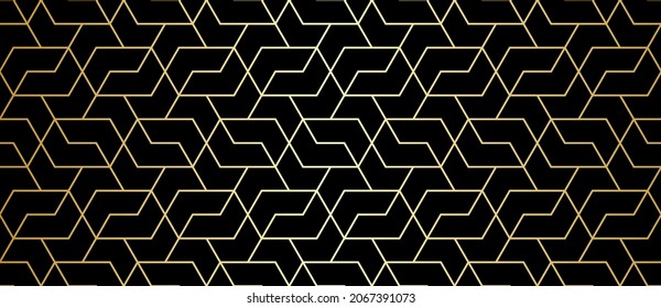Abstraktes geometrisches Muster mit überquerenden goldenen Linien und Polygone auf schwarzem Hintergrund. Nahtloses lineares Design im Art-Deco-Stil. Stilvolle Vektorstruktur für Textilien und Umhüllung.