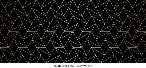 Abstract geometric pattern with crossing golden lines and polygons on black background. Seamless linear design in Art Deco style. Stylish vector texture for textile fabric and wrapping.