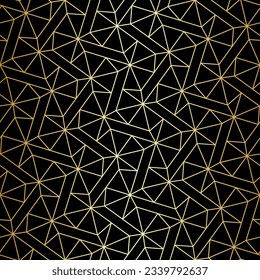 Abstract geometric pattern with crossing golden lines and polygons on black background. Seamless linear design in Art Deco style. Stylish vector texture for textile fabric and wrapping.