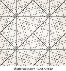 Abstract geometric pattern with crossing thin lines, stars and polygons. Seamless linear rapport. Stylish fractal texture. Vector rapport to fill the background, laser engraving and cutting.