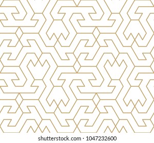Abstract geometric pattern with crossing thin golden lines on white background. Seamless linear rapport. Stylish fractal texture. Vector rapport to fill the background, laser engraving and cutting.