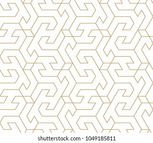 Abstract geometric pattern with crossing thin golden lines on white background. Seamless linear rapport. Stylish fractal texture. Vector rapport to fill the background, laser engraving and cutting.