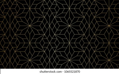 Abstract geometric pattern with crossing thin gold lines and polygons on black. Seamless linear rapport. Stylish fractal texture. Vector Art Deco pattern to fill the background, laser engraving 