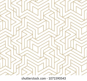 Abstract geometric pattern with crossing thin golden lines on white background. Seamless linear rapport. Stylish fractal texture. Vector rapport to fill the background, laser engraving and cutting.