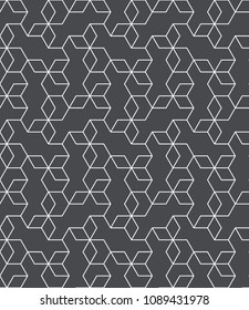 Abstract geometric pattern with crossing thin white lines on grey background. Seamless linear rapport. Stylish fractal texture. Vector pattern to fill the background, laser engraving and cutting.
