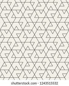 Abstract geometric pattern with crossing thin lines, triangles and polygons. Stylish texture in monochrome color. Seamless linear pattern. Modern swatch for design.