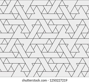 Abstract geometric pattern with crossing thin lines, triangles and polygons. Stylish texture in monochrome color. Seamless linear pattern. Modern swatch for design.