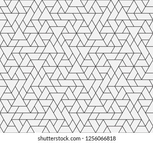 Abstract geometric pattern with crossing thin lines, triangles and polygons. Stylish texture in monochrome color. Seamless linear pattern. Modern swatch for design.