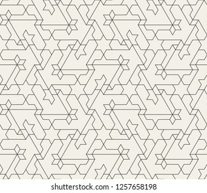 Abstract geometric pattern with crossing thin lines, triangles and polygons. Stylish texture in monochrome color. Seamless linear pattern. Modern swatch for design.