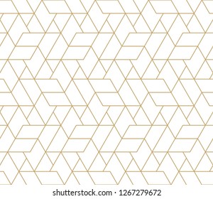 Abstract geometric pattern with crossing thin golden lines, triangles and polygons. Stylish texture in monochrome color. Seamless linear pattern. Modern swatch for design.