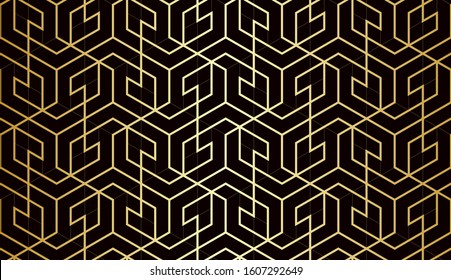 Abstract geometric pattern with crossing thin gold lines and polygons on black. Seamless linear rapport. Stylish fractal texture. Vector Art Deco pattern to fill the background, laser engraving.