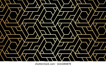 Abstract geometric pattern with crossing thin gold lines and polygons on black. Seamless linear rapport. Stylish fractal texture. Vector Art Deco pattern to fill the background, laser engraving.
