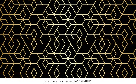 Abstract geometric pattern with crossing thin gold lines and polygons on black. Seamless linear rapport. Stylish fractal texture. Vector Art Deco pattern to fill the background, laser engraving.