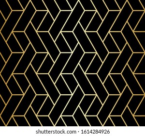 Abstract geometric pattern with crossing thin gold lines and polygons on black. Seamless linear rapport. Stylish fractal texture. Vector Art Deco pattern to fill the background, laser engraving.