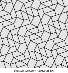 Abstract geometric pattern with crossing thin lines and polygons on white. Seamless linear design for textile, fabric and wrapping. Stylish vector monochrome texture. Trendy mosaic background.