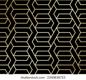 Abstract geometric pattern with crossing thin gold lines and polygons on black. Seamless linear rapport. Stylish fractal texture. Vector Art Deco pattern to fill the background, laser engraving.