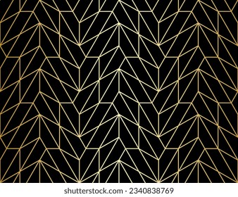 Abstract geometric pattern with crossing thin gold lines and polygons on black. Seamless linear rapport. Stylish fractal texture. Vector Art Deco pattern to fill the background, laser engraving.