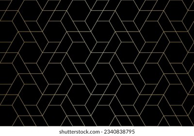 Abstract geometric pattern with crossing thin gold lines and polygons on black. Seamless linear rapport. Stylish fractal texture. Vector Art Deco pattern to fill the background, laser engraving.