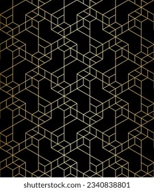 Abstract geometric pattern with crossing thin gold lines and polygons on black. Seamless linear rapport. Stylish fractal texture. Vector Art Deco pattern to fill the background, laser engraving.