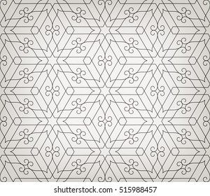 Abstract geometric pattern with crossing thin lines and scrolls. Stylish texture in gray color. Seamless linear pattern.