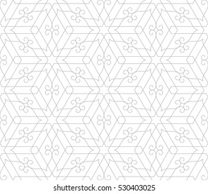 Abstract geometric pattern with crossing thin lines and scrolls. Stylish texture in gray color. Seamless linear pattern.