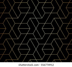 Motif géométrique abstrait avec traversée de fines lignes dorées sur fond noir. Design linéaire harmonieux. Texture vectorielle élégante. 
 