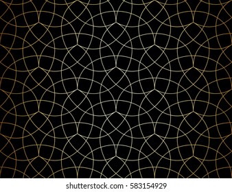 Abstract geometric pattern with crossing thin golden lines on black background. Seamless linear rapport. Stylish vector texture. Perfect rapport to fill the background, laser engraving and cutting. 