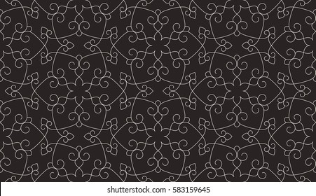 Abstract geometric pattern with crossing thin white lines and curls on black background. Seamless linear rapport. Vector dark texture. Rapport to fill the background, laser engraving and cutting. 