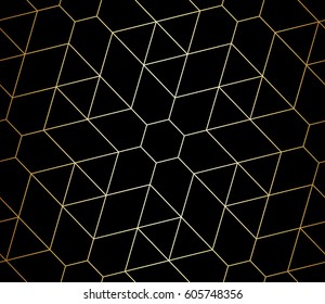 Abstract geometric pattern with crossing thin golden lines on black background. Seamless linear rapport. Stylish vector texture. Decorative lattice.