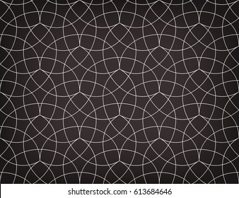 Abstract geometric pattern with crossing thin white lines on black background. Seamless linear rapport. Monochrome mosaic. Perfect rapport to fill the background, laser engraving and cutting
