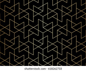 Abstract geometric pattern with crossing thin golden lines on black  background. Seamless linear rapport. Stylish vector texture