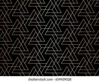 Abstract geometric pattern with crossing thin golden lines on black  background. Seamless linear rapport. Stylish vector texture.