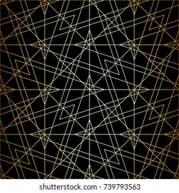 Abstract geometric pattern with crossing thin golden lines on black background. Seamless linear rapport. Stylish fractal texture. Vector rapport to fill the background, laser engraving and cutting.