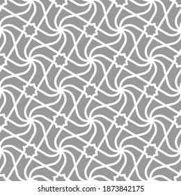 Abstract geometric pattern with crossing white lines and stars on grey background. Seamless linear design for textile, fabric and wrapping. Stylish vector monochrome texture. Stylish mosaic ornament.