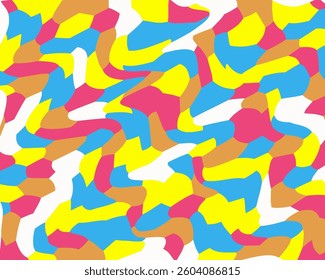 Abstract geometric pattern with curved, colorful shapes in blue, pink, yellow, and orange. 