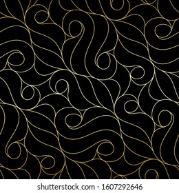 Abstract geometric pattern with curved thin gold lines and polygons on black. Seamless linear rapport. Stylish fractal texture. Vector Art Deco pattern to fill the background, laser engraving.