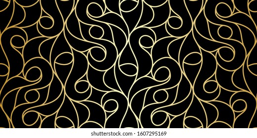 Abstract geometric pattern with curved thin gold lines and polygons on black. Seamless linear rapport. Stylish fractal texture. Vector Art Deco pattern to fill the background, laser engraving.