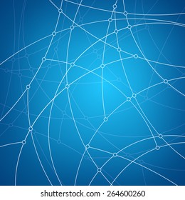 Abstract geometric pattern of the curves, unfinished lines, nodes, abstract data type on blue background, vector illustration