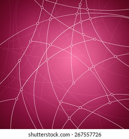 Abstract geometric pattern of the curves, unfinished lines, nodes, abstract data type on pink background, vector illustration