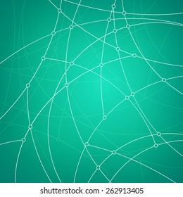 Abstract geometric pattern of the curves, white unfinished lines on green, nodes, abstract data type on green background, vector illustration