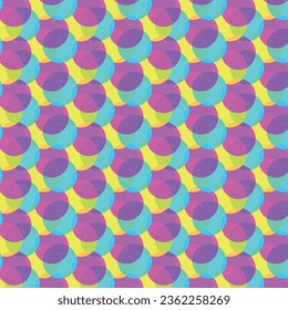 Abstract geometric pattern. Cyan magenta yellow halftone circles template. Colorful background. Cartoon rainbow symbol Vector illustration