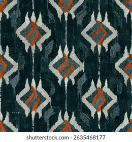 Abstract geometrisch patroon in donkergrijs en groenblauw, met oranje accenten en hints van wit. grunge lijnen ikat patroon, gestreept naadloos patroon, Vector illustratie achtergrond voor het afdrukken van het papier.