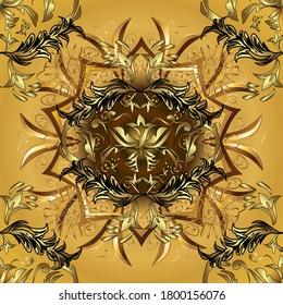 Abstract geometric pattern. Decor on brown and yellow background for clothing design. Seamless geometric pattern. Cute texture. Nice background.