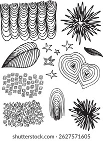 Abstract Geometric padrão design clipart formas de arco, corações folha, estrelas definir círculos pontos formas abstratas conjunto de ilustrações desenhadas à mão para o fundo repetindo primitivo ingênuo desenho padrão preto